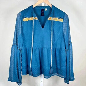 2/$30 Blue Rain Size Medium Boho Tassel Ruffle Peasant Blouse Blue Embellished